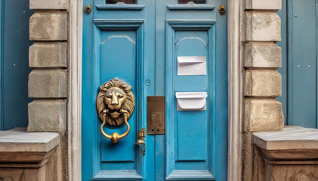 Puerta vintage azul con un golpeador en forma de una ranura de buzón de león en la puerta con publicidad