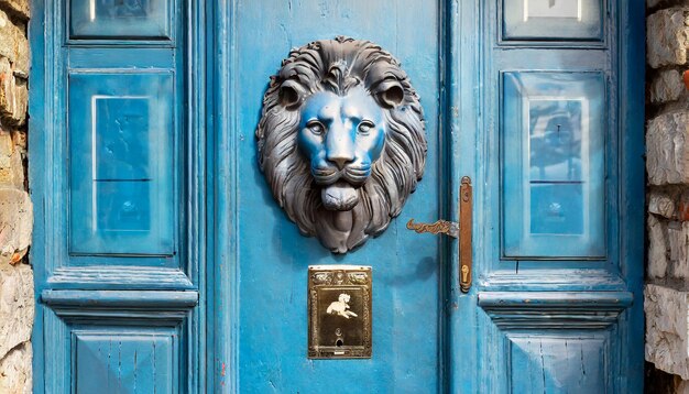 Foto puerta vintage azul con un golpeador en forma de una ranura de buzón de león en la puerta con publicidad