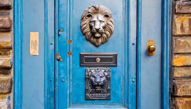 Puerta vintage azul con un golpeador en forma de una ranura de buzón de león en la puerta con publicidad