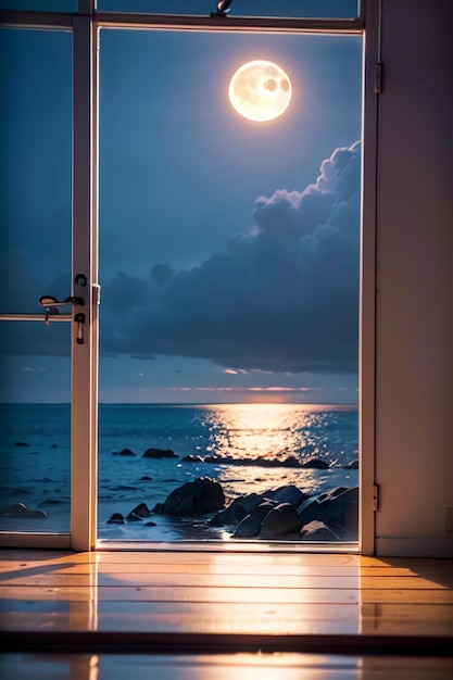 Una puerta con vista al océano y la luna.