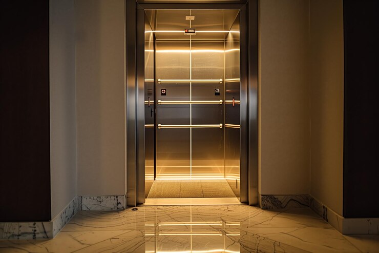 Las puertas del ascensor están abiertas, el piso de la oficina está vacío y iluminado.