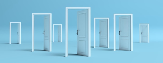 Puertas blancas abiertas en ilustración 3d de banner de fondo azul