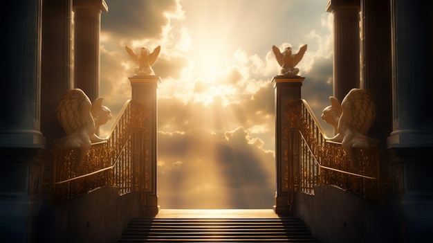 Puertas doradas del cielo con luz brillante