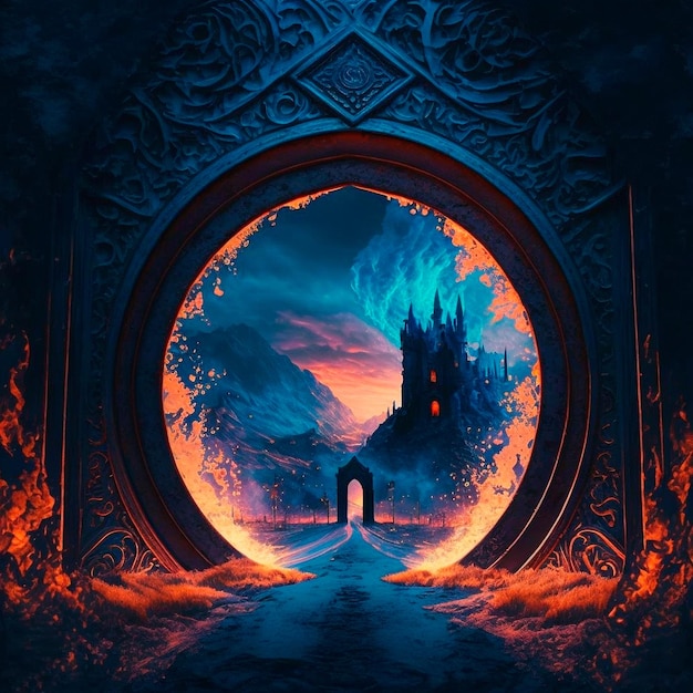Puertas góticas aterradoras al estilo de la fantasía. Ilustración de alta calidad