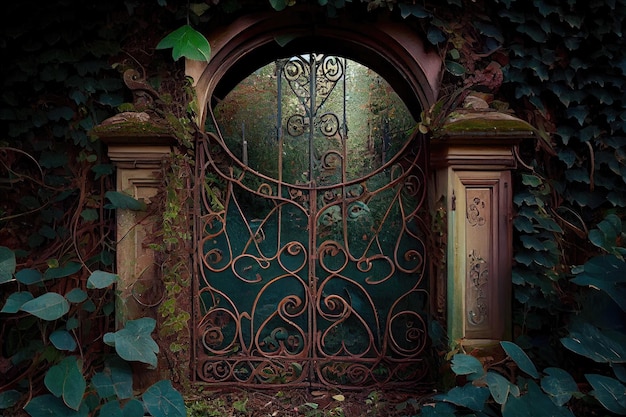 Puertas de hierro oxidadas cubiertas de enredaderas y rodeadas de exuberante vegetación