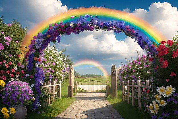 Puertas del jardín con caminos de flores y un arco iris