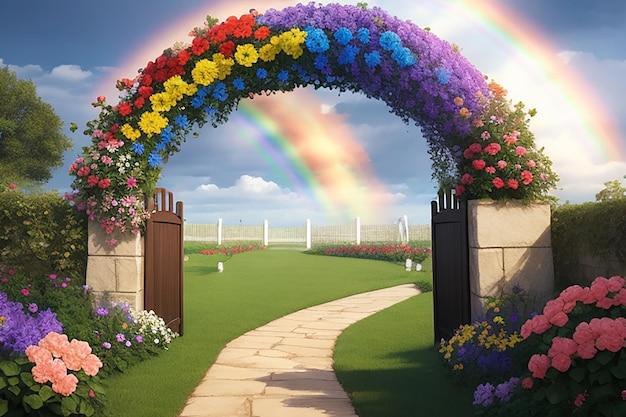 Puertas del jardín con caminos de flores y un arco iris