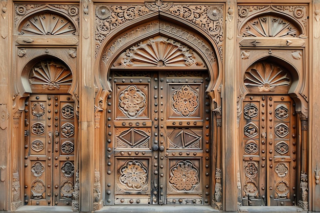 Foto las puertas de madera intrincadamente talladas de un haveli rath yatra de fondo