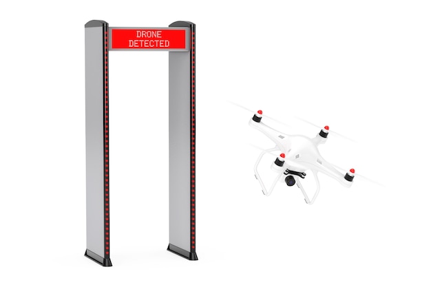Puertas de paso de seguridad segura con detectores de metales detectados Air Drone con cámara sobre un fondo blanco. Representación 3D