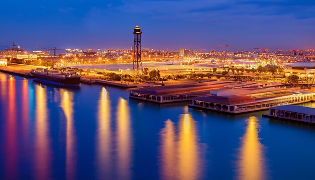 Foto puerto de barcelona durante la noche españa