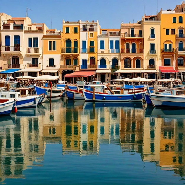 un puerto con barcos y edificios en el fondo