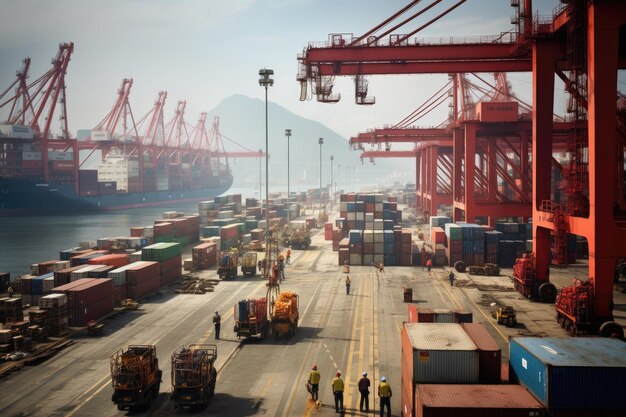 Puerto de carga vibrante y ocupado con grúas de barcos y contenedores