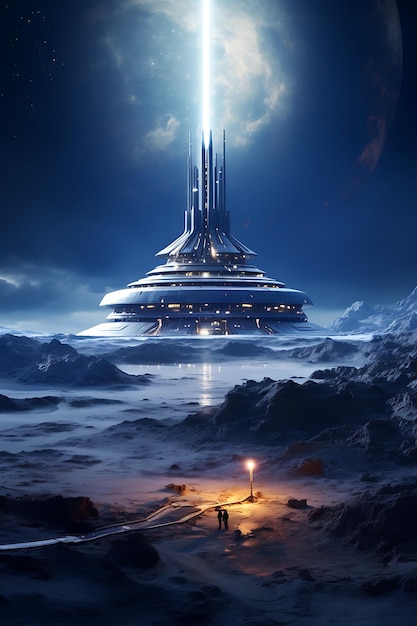 Un puerto espacial en una luna extraterrestre con una vista impresionante foto realista