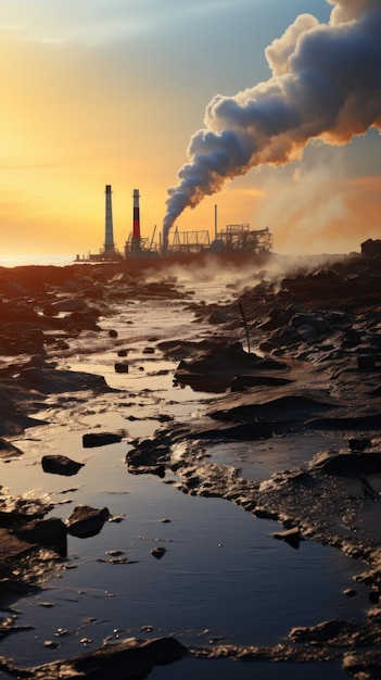 Un puerto industrial contaminado con mareas negras y escombros. Fondo de pantalla HD