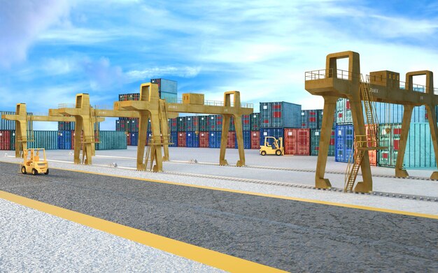 Foto puerto industrial de renderizado 3d y contenedor