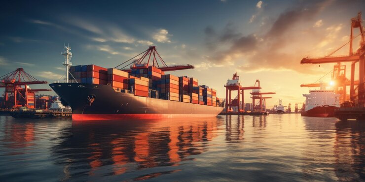 Puerto marítimo ocupado con el comercio de contenedores en acción