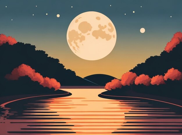 Foto la puesta de luna sobre el río por la noche ilustración vectorial