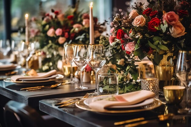 puesta de mesa para una boda con flores y velas