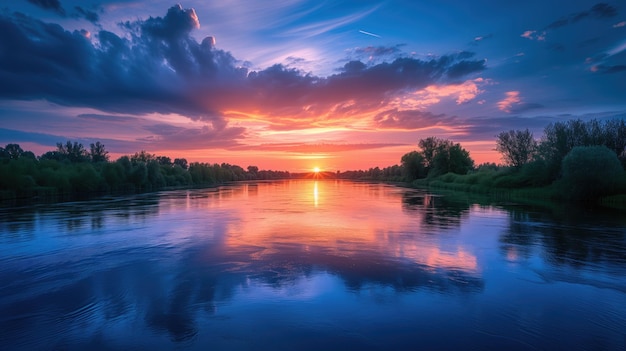 La puesta o el amanecer el amanecer o el anochecer sobre la tranquila calma del río naranja púrpura nubes en el horizonte del cielo