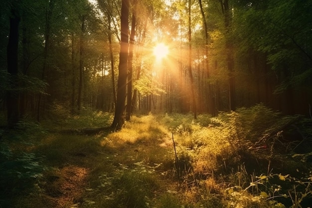 La puesta o el amanecer en el bosque de verano Paisaje con rayos de sol por la mañana