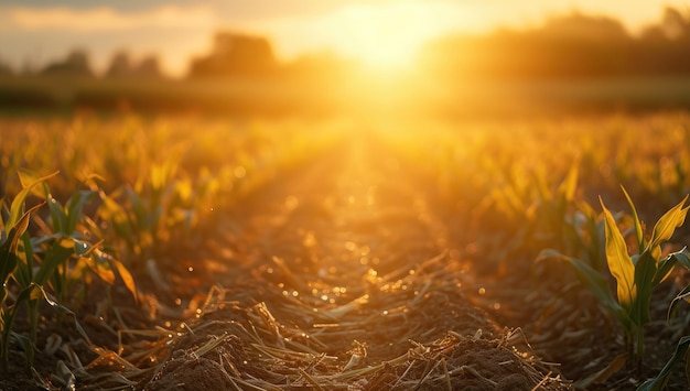 La puesta o el amanecer del sol sobre el maíz joven que crece en un campo en verano