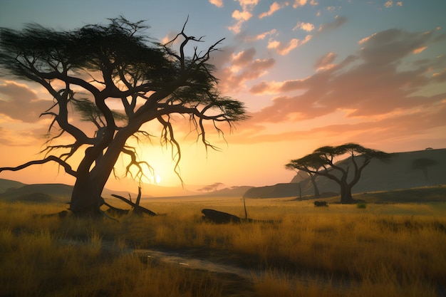 Una puesta de sol en África con un árbol en primer plano