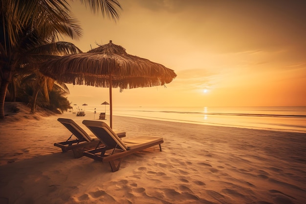 Puesta de sol amarilla en la playa Fondo de puesta de sol de palmeras Red neuronal IA generada