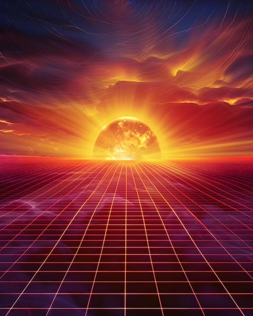 La puesta de sol de los años 80 en un paisaje futurista basado en una cuadrícula