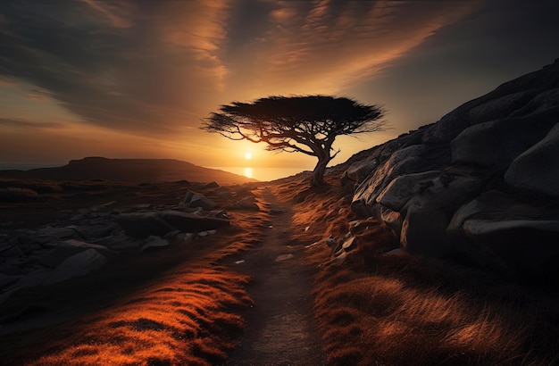 Foto una puesta de sol con un árbol en el horizonte