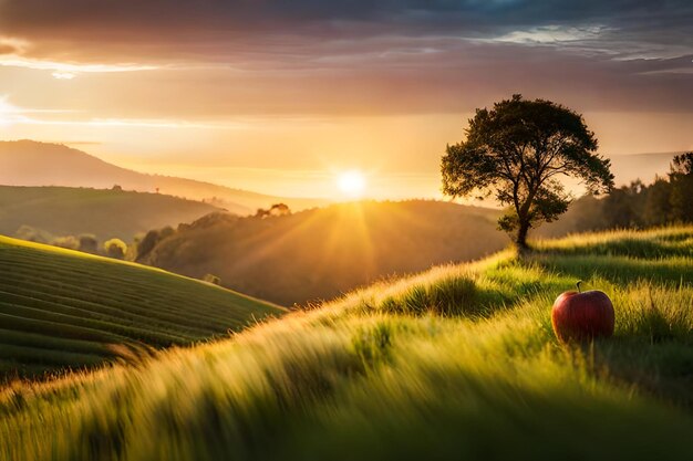 una puesta de sol con un árbol y una pelota en primer plano