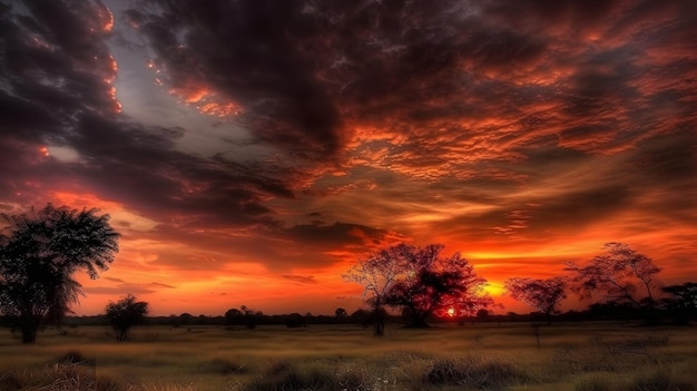 Una puesta de sol con un árbol en primer plano y un cielo nublado al fondo.