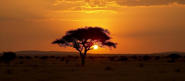 Una puesta de sol con un árbol en primer plano y la puesta de sol detrás de él.