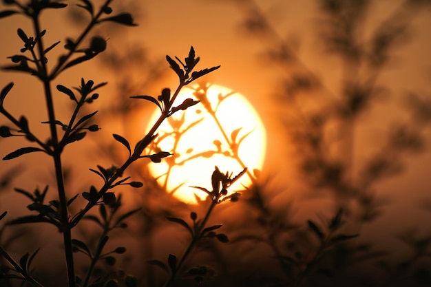 Una puesta de sol con un árbol en primer plano y el sol detrás.