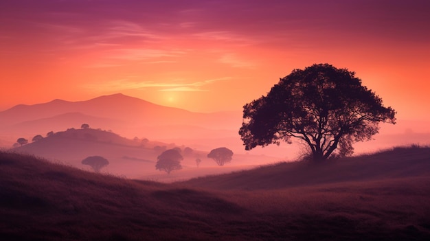 Una puesta de sol con un árbol en primer plano