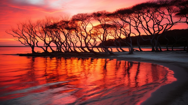 una puesta de sol con árboles al fondo y el agua en primer plano.