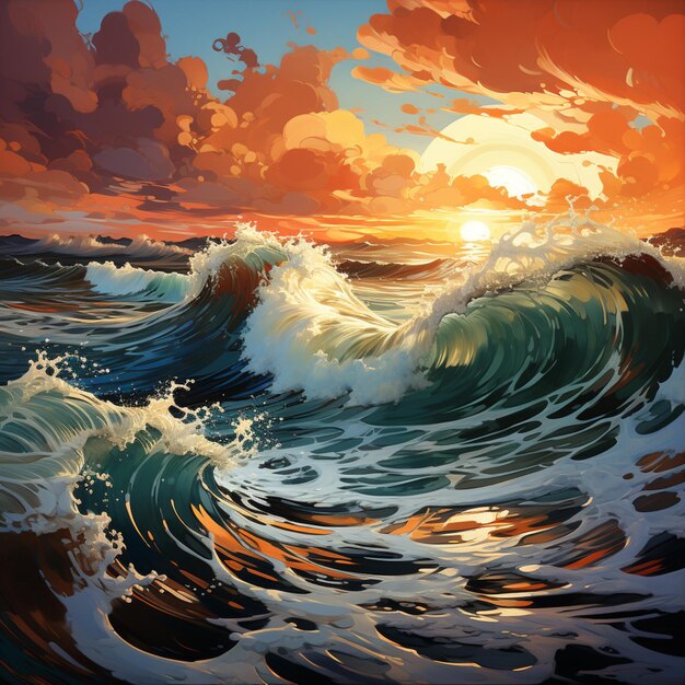 puesta de sol con arte de ilustración de olas marinas