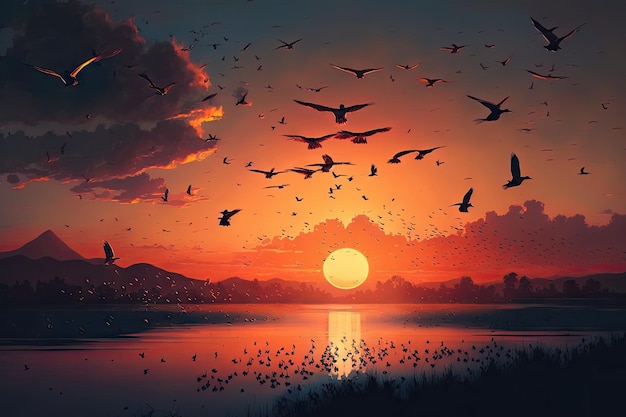 Puesta de sol con una bandada de pájaros volando sobre el horizonte creado con ai generativo