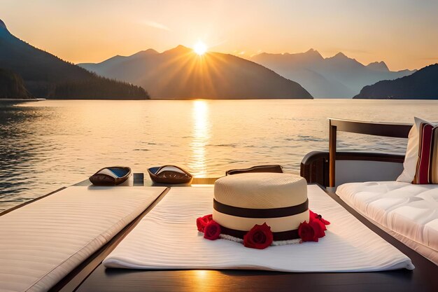 Una puesta de sol en un barco con vistas a las montañas y un lago.