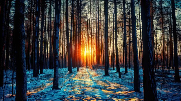 Foto la puesta de sol en el bosque entre las cepas de árboles en el período de invierno