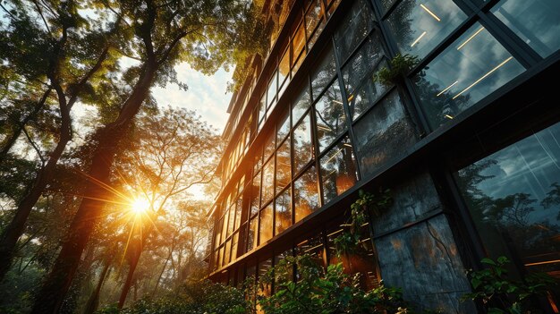 La puesta de sol en el bosque y el edificio moderno con pared de vidrio y árboles