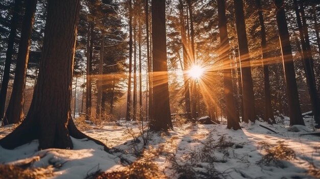 Puesta de sol en el bosque de invierno Hermoso paisaje de invierno con rayos de sol generativo ai