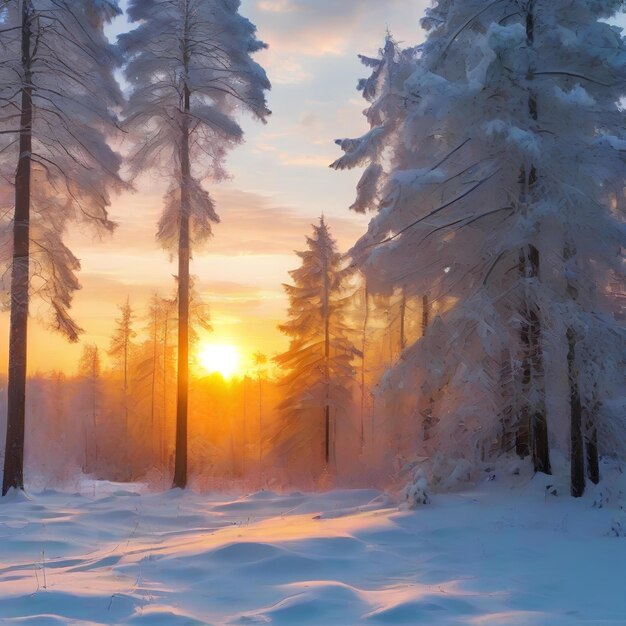 La puesta de sol en un bosque de invierno