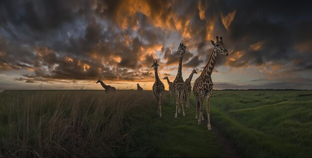 Foto puesta de sol en el bosque jirafa en la puesta de sol grupo de jirafas fotografía real de daniel kordan