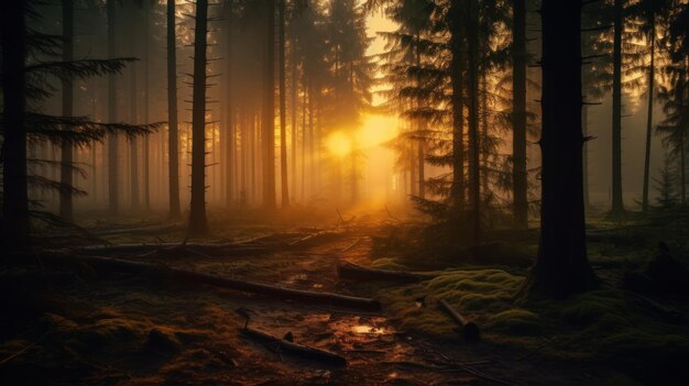 puesta de sol en el bosque de niebla