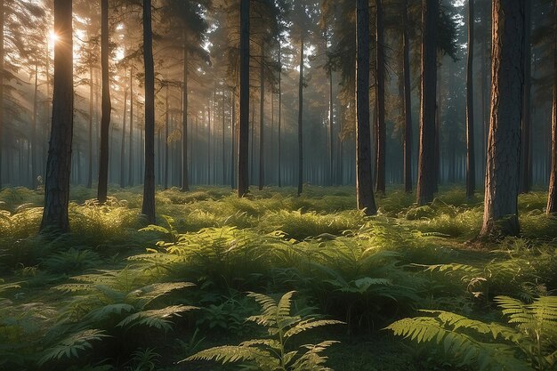 La puesta de sol en el bosque