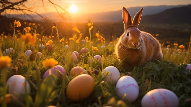 La puesta de sol brilla sobre el campo con conejo y huevos de Pascua