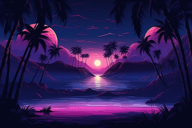 Una puesta de sol brillantemente iluminada sobre una isla tropical con palmeras ai generativo