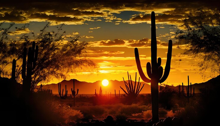 Una puesta de sol con un cactus en primer plano y una puesta de sol al fondo.