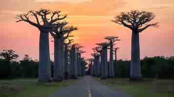 Foto la puesta de sol en el callejón de los baobabs morondava madagascar