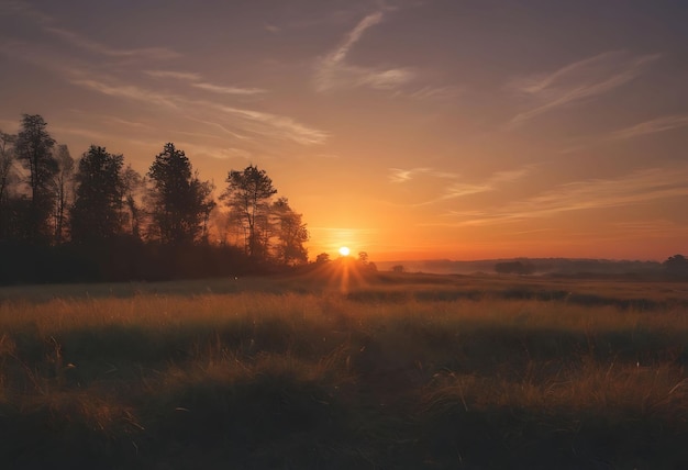 una puesta de sol con un campo y árboles en el fondo